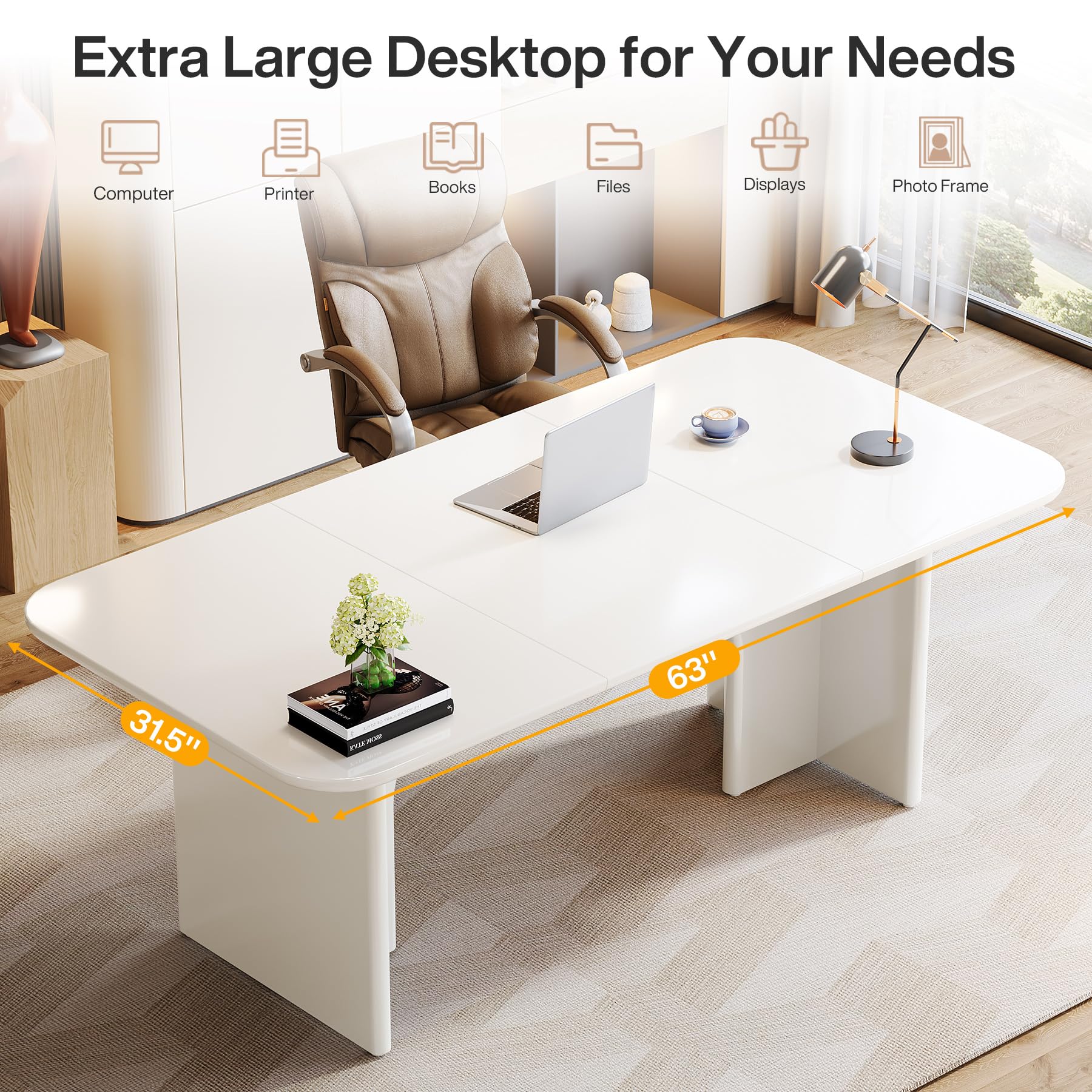 Tribesigns 62.99" Large Desk, Modern Home Office Computer Desk for 1-2 Person, Minimalist Double PC Writing Table Study Desk Executive Desk with Arch Design Legs, Cream White - WoodArtSupply