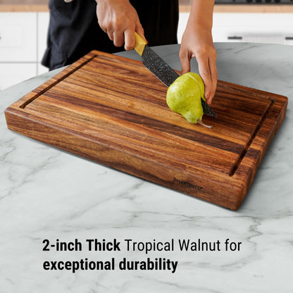 Shumaru 2-Inch Thick Large Butcher Block Cutting Board – 18.8" x 12.3" Made of Premium Tropical Walnut | Non-Slip Feet, Juice Groove & Handles