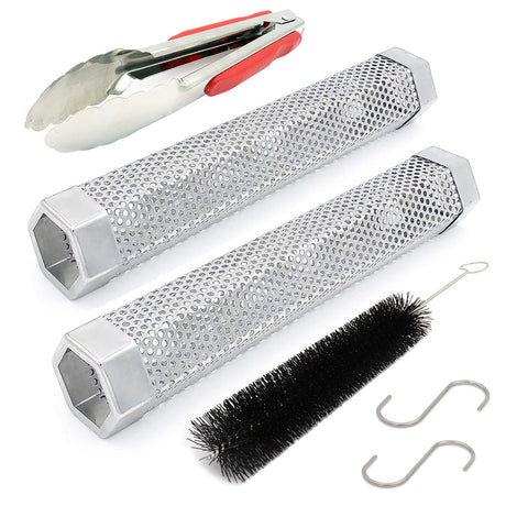 12" Pellet Smoker Tube for pellet Grill 2 Pack Cold Smoker Generator for BBQ Stainless Steel Wood Pellet Tube Smoker Fit Electric Gas Charcoal Grill, Provides Food tong and Brush and Hook JIIGAAT