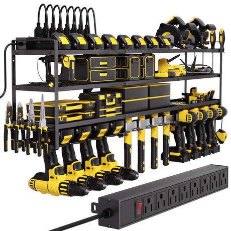 YFFSRJDJ Power Tool Organizer Wall Mount with Charging Station, Cordless Tool Organizer, 12 Drill Holders 4-Tier Heavy Duty Drill Rack with 8-Outlet Power Strip, Garage Gift for Men YFFSRJDJ