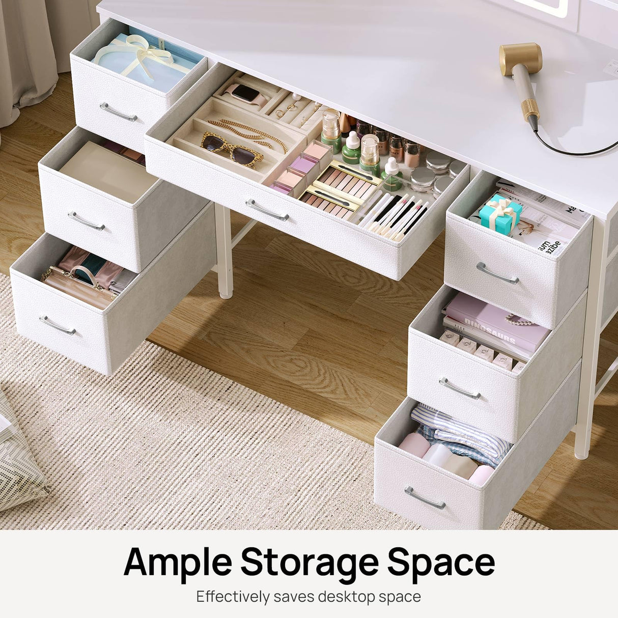 Rolanstar Vanity Desk with Lighted Mirror & Power Outlet, Makeup Vanity with 7 Fabric Drawers, 6 Storage Shelves & 3 Lighting Modes, Dressing Table for Bedroom, Girls, Women, White Rolanstar