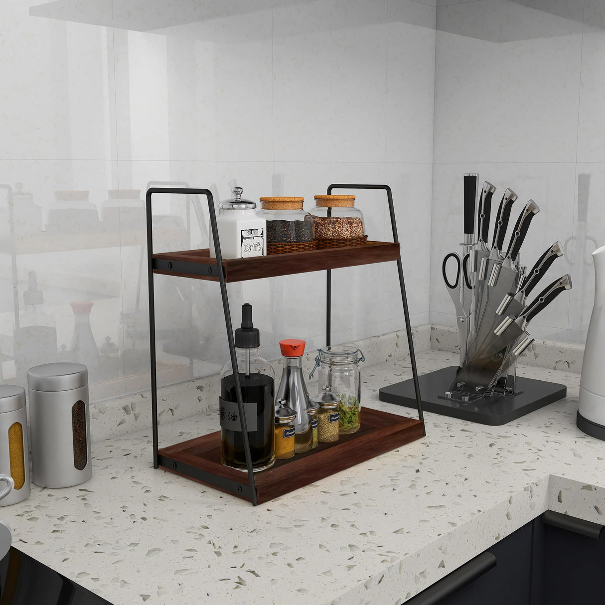 Dorhors 2 Tier Bathroom Counter Organizer Storage,Vanity Organizer for Bathroom Counter,Wood Standing Rack for Kitchen(Walnut) Dorhors