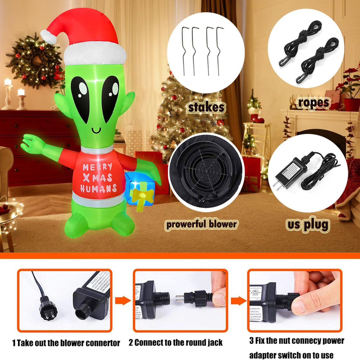 JOYEASE 4 FT Christmas Inflatables Alien with Gift Box Decorations LED Lighted Xmas Christmas Blow up Yard Decorations for Party Indoor Outdoor Garden Decor JOYEASE