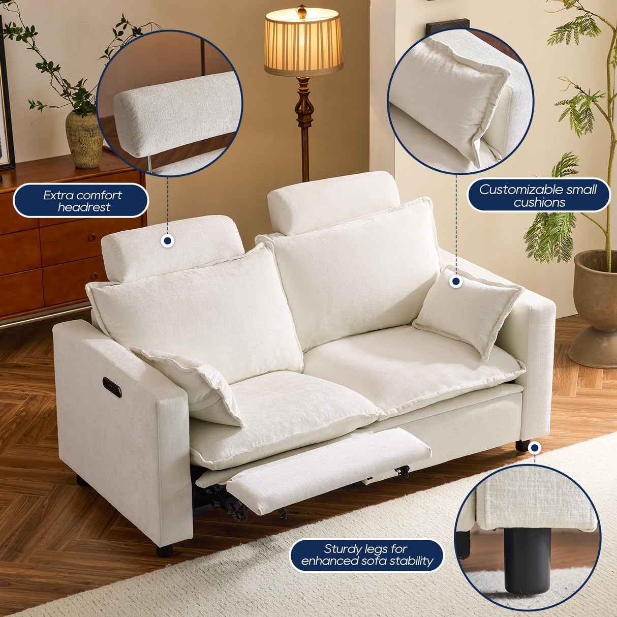 PALLOME Electric Loveseat Recliner, Power Reclining Sofa with USB Ports, Comfy Cloud Couch Chenille for Living Room, Soft Oversized Sofa with Pillows, Headrest for Comfort (Cream) PALLOME