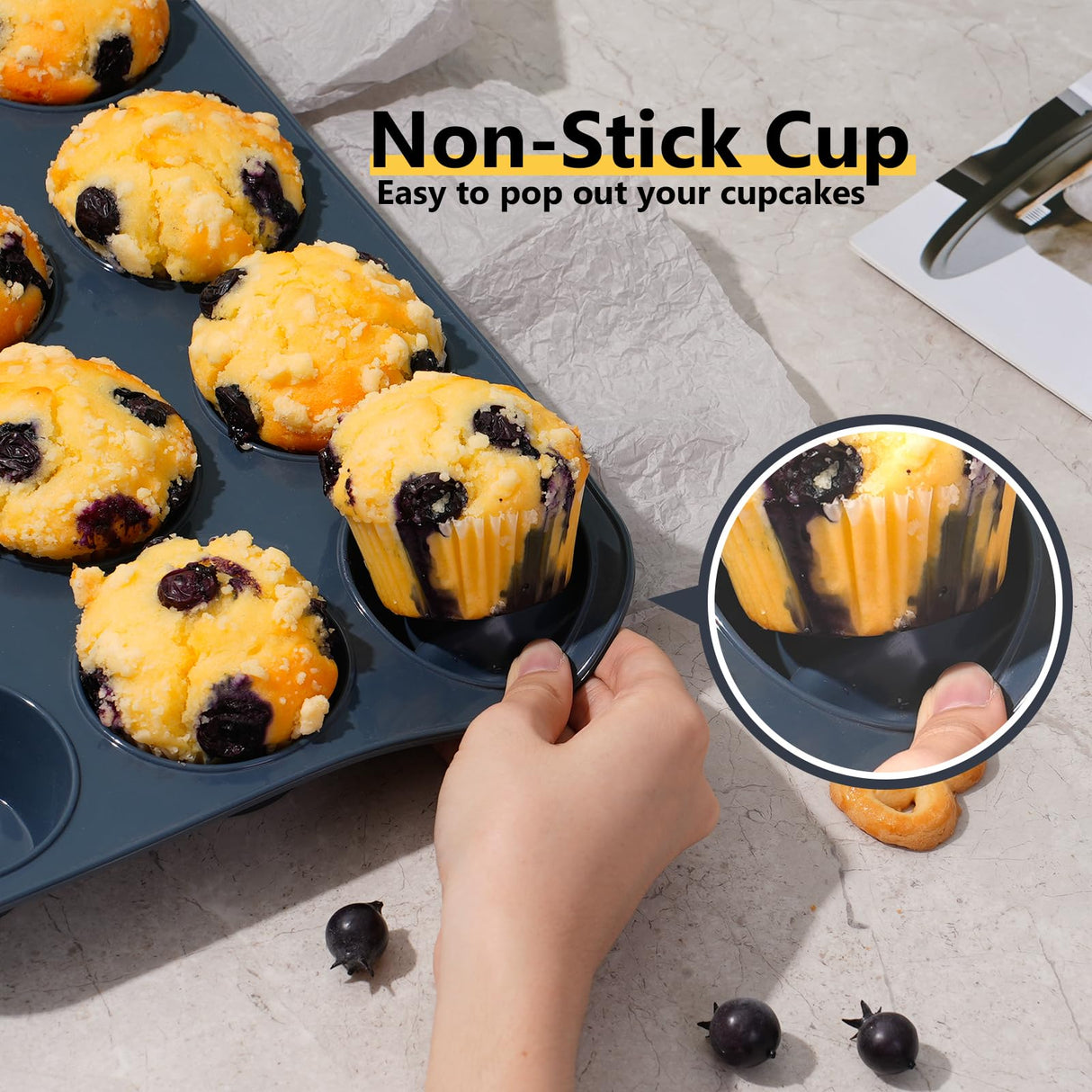 Vnray 2 Pack Silicone Muffin Baking Pan & Cupcake Tray 12 Cup - Nonstick Cake Molds/Tin, Silicon Bakeware, BPA Free, Dishwasher & Microwave Safe (12 Cup Size, Grey) Vnray