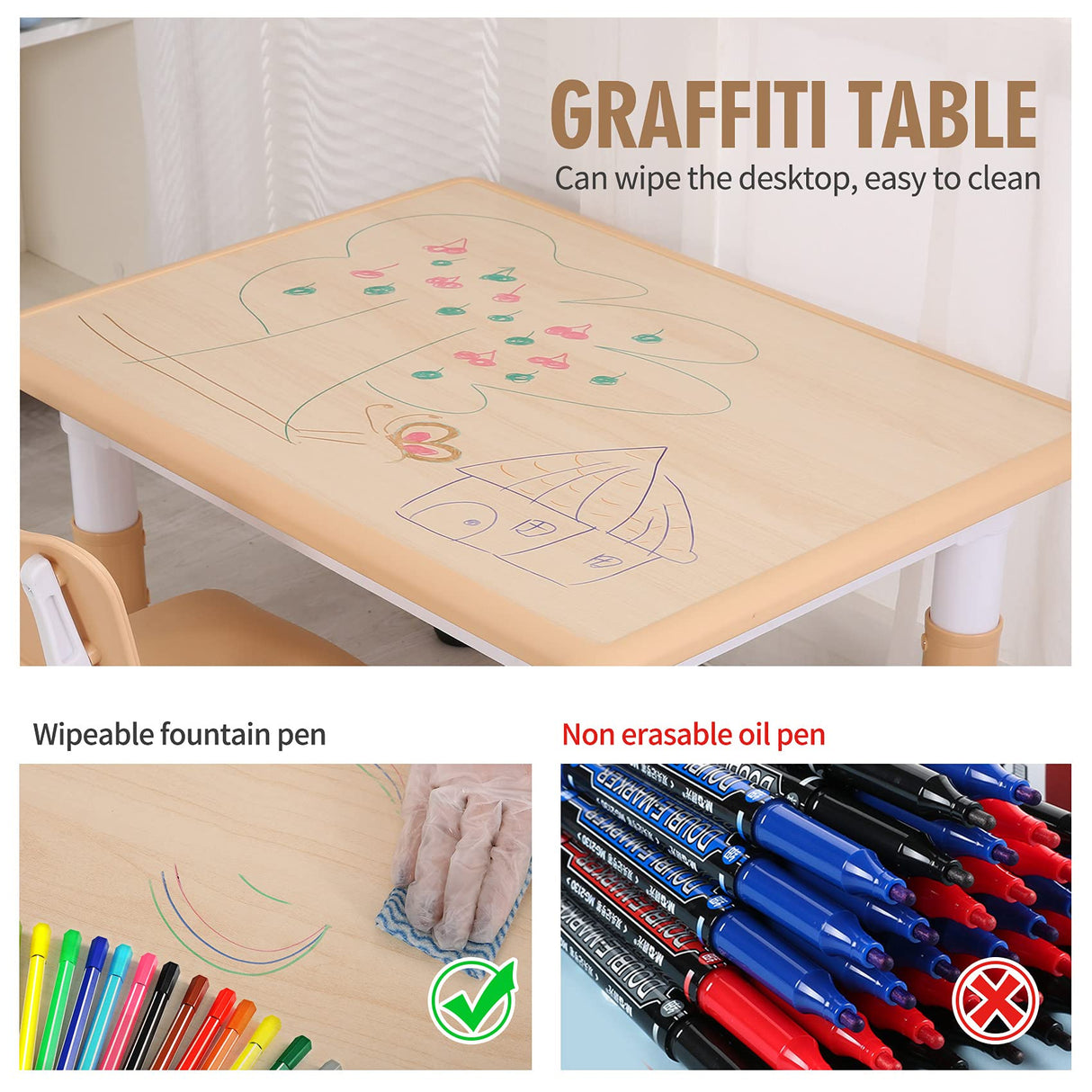 UNICOO - Kids Study Table and Chairs Set, Height Adjustable Plastic Children Art Desk with 2 Seats, Multi Activity Table Set (Maple TOP with Natural UNICOO