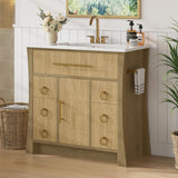 IRONCK 36" Bathroom Vanity with Sink, Freestanding Bathroom Sink Cabinet with 4 Drawers & 1 Flip-Down Drawer, Wood Grain Texture, Metal Handle, Farmhouse IRONCK