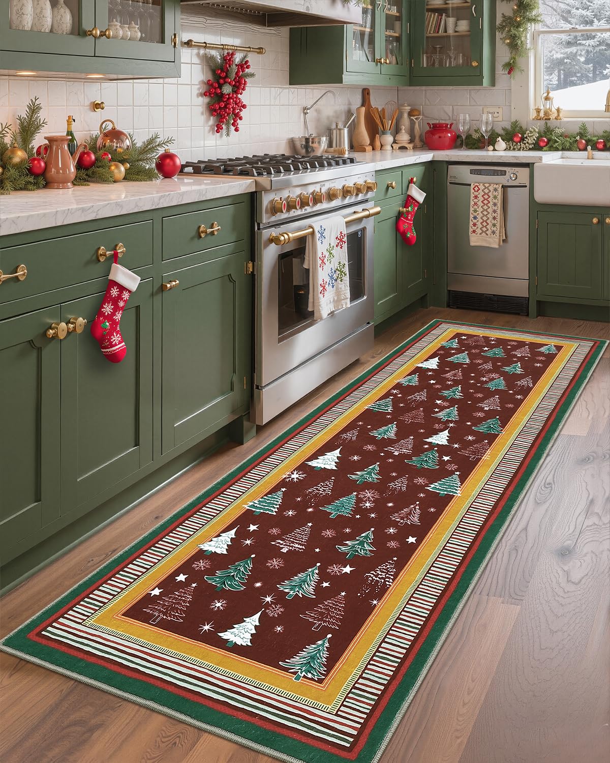 GarveeHome 2.5x8 Christmas Rug Runners for Hallways Non Slip,Christmas Tree Print Kitchen Rugs Washable Area Rug for Entryway, Low Pile Soft Red Holiday Decor Carpet for Bedroom Laundry Room GarveeHome