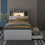 Harper & Bright Designs Twin Size Bed with Storage Headboard and Drawers, Solid Wood Twin Platform Bed Frame with 2 Drawers, 4 Shelves and LED Light, No Box Spring Needed - White Harper & Bright Designs