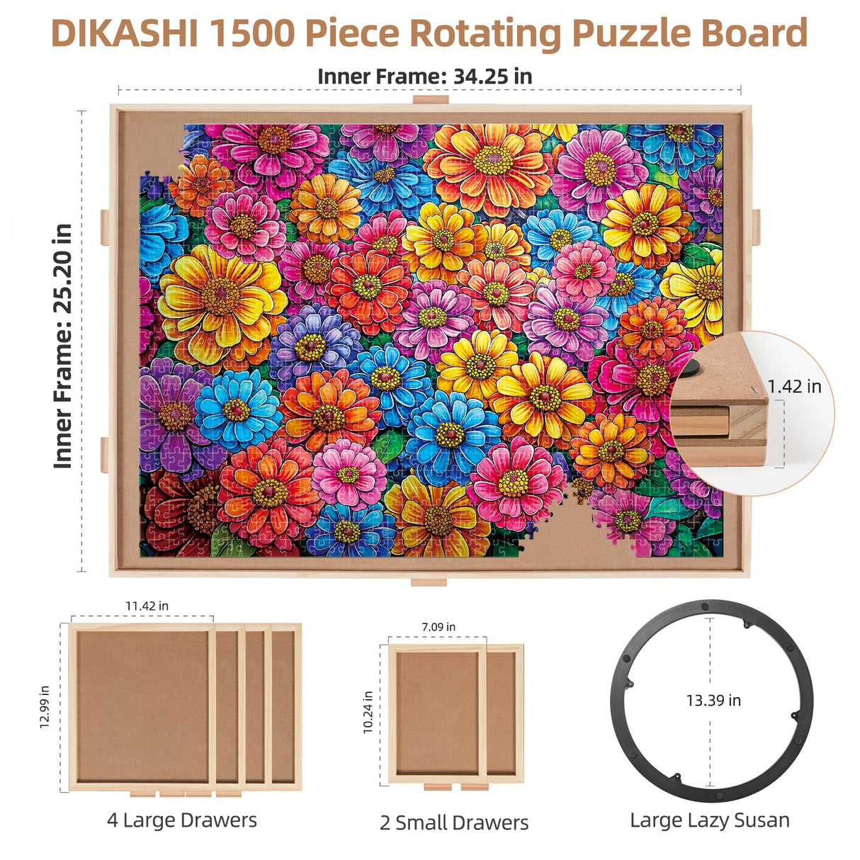DIKASHI 1500 Pieces Rotating Puzzle Board with 6 Drawers, Lazy Susan & Transparent Cover, 34.2"x25.2" Portable Wooden Jigsaw Puzzle Board, Great Gift for Puzzle Enthusiasts DIKASHI
