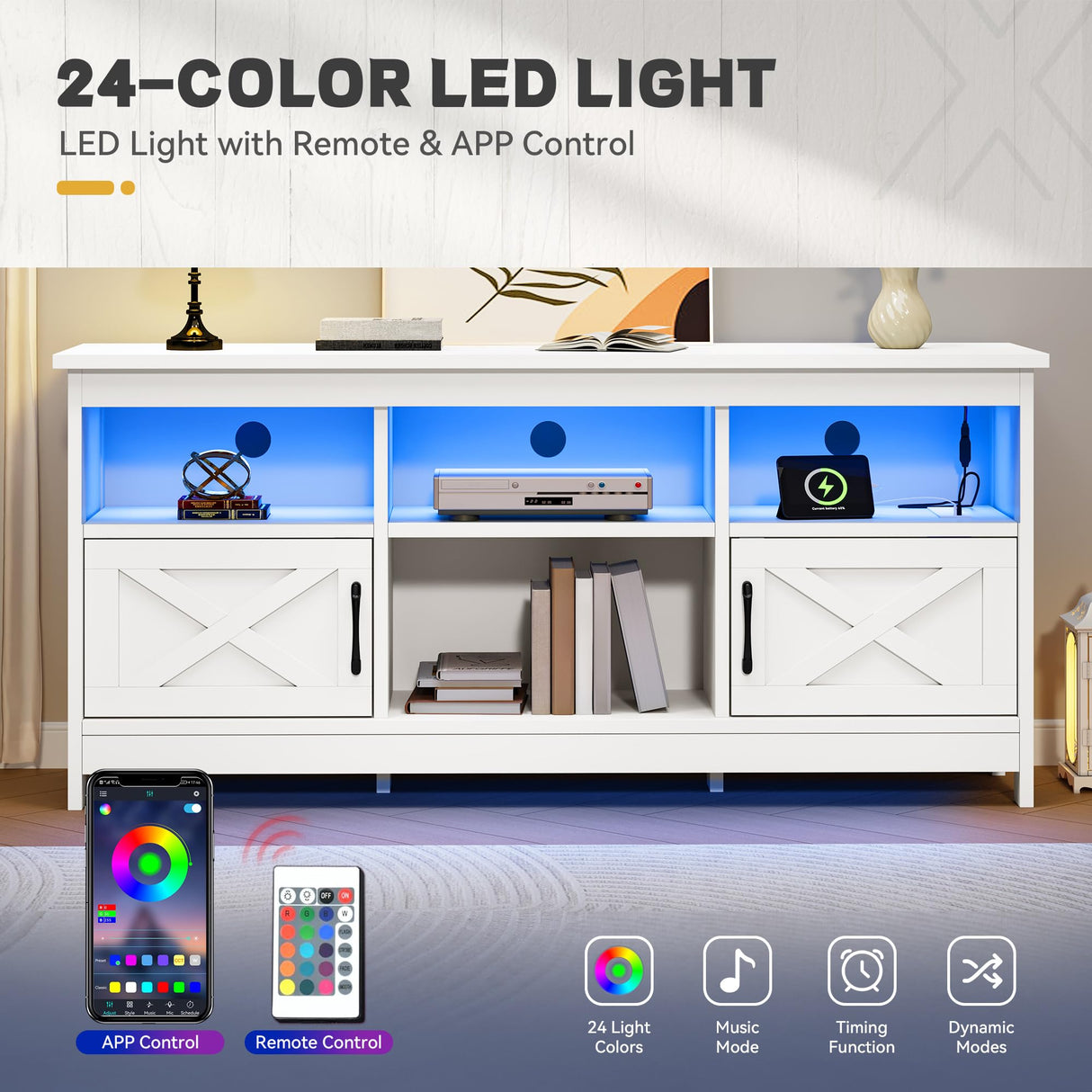 YITAHOME TV Stand for 65 Inch TVs, Entertainment Center with Storage Cabinets, Power Outlet & LED Light, Media Console Living Room Furniture, White YITAHOME