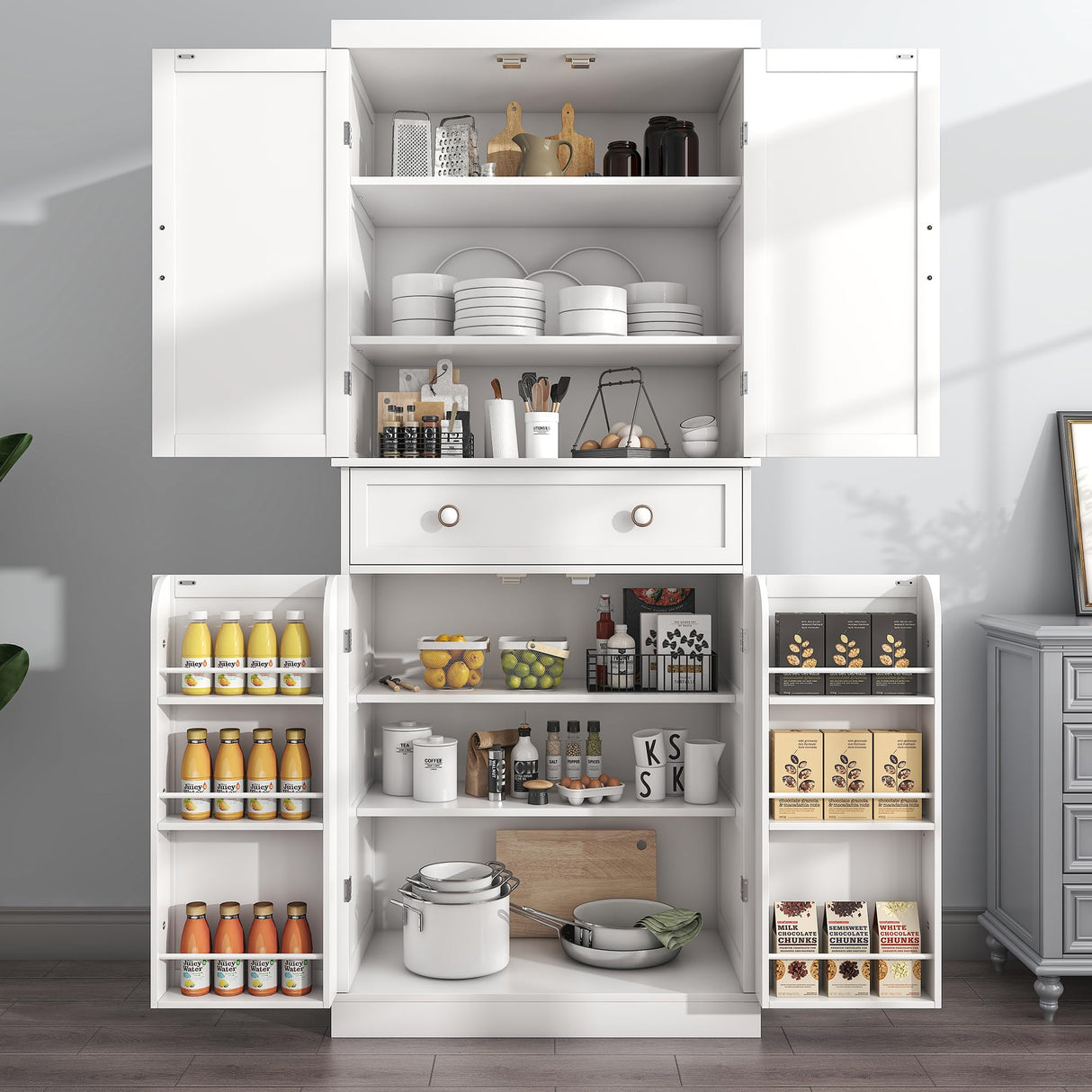 kepptory 72“ Kitchen Pantry Cabinet White, Tall Pantry Storage Cabinet with Adjustable Shelves and Drawer, Kitchen Buffet Cupboards Sideboard for Home Office Use (16" D x 30" W x 72" H) kepptory