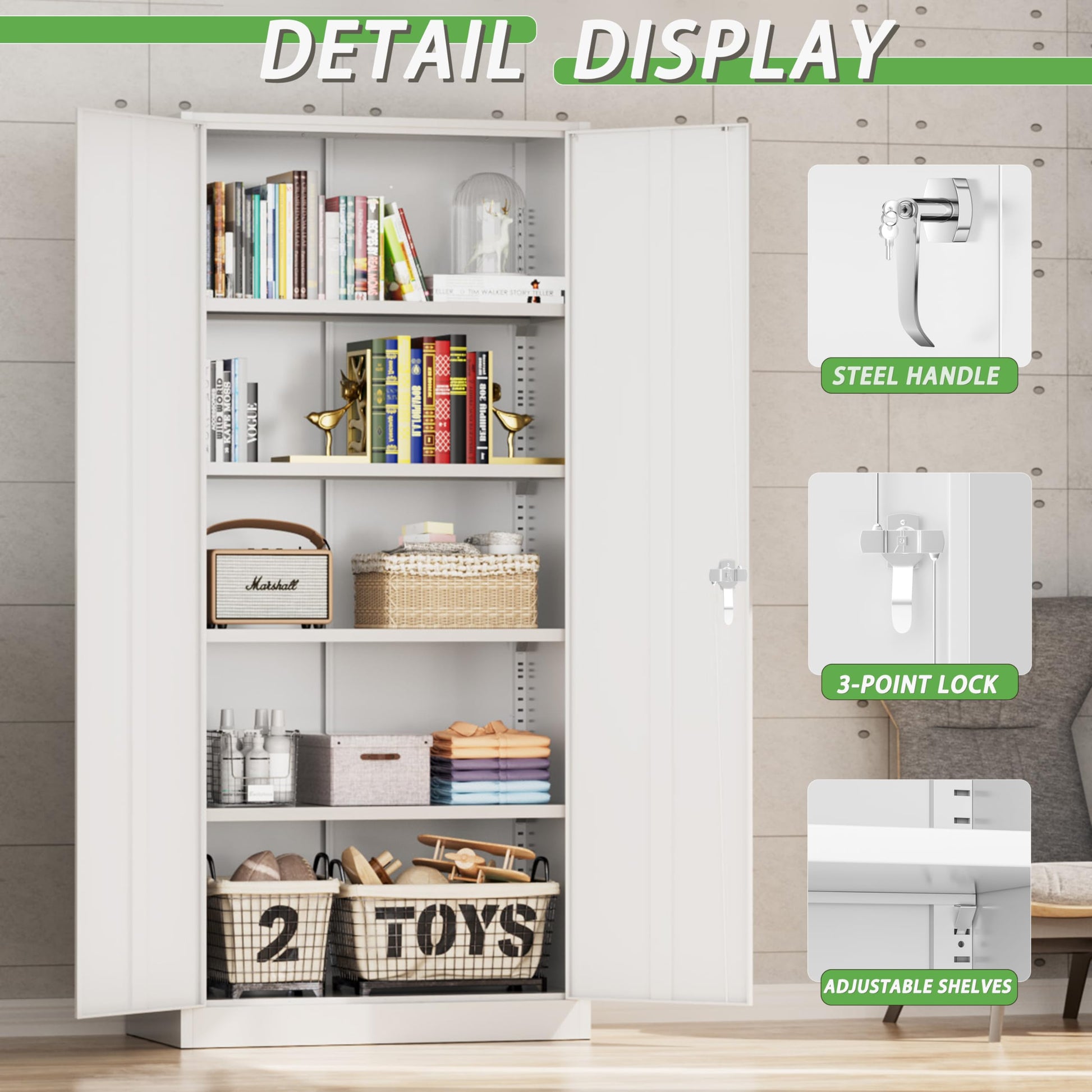 Greenvelly Metal Pantry Cabinet, 72" Metal Kitchen Pantry Storage Cabinet with Doors and 4 Adjustable Shelves, White Utility Storage Cabinet for Kitchen, Living Room, Bed Room (36" W x 18" D) - WoodArtSupply