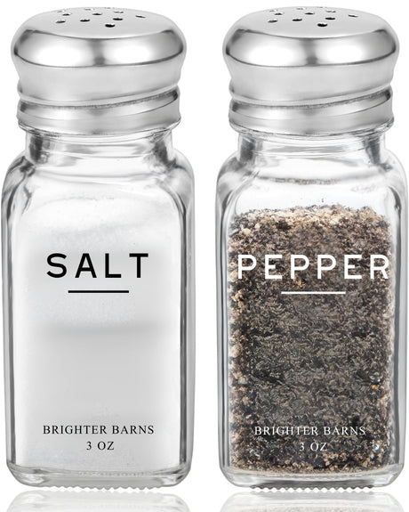 Glass Salt and Pepper Shakers Set by Brighter Barns - Modern Kitchen Decor, Dining Table Countertop Accessory - Rustic, Farmhouse, Vintage Glass Shakers with Stainless Steel Lids for Home, Restaurant Brighter Barns