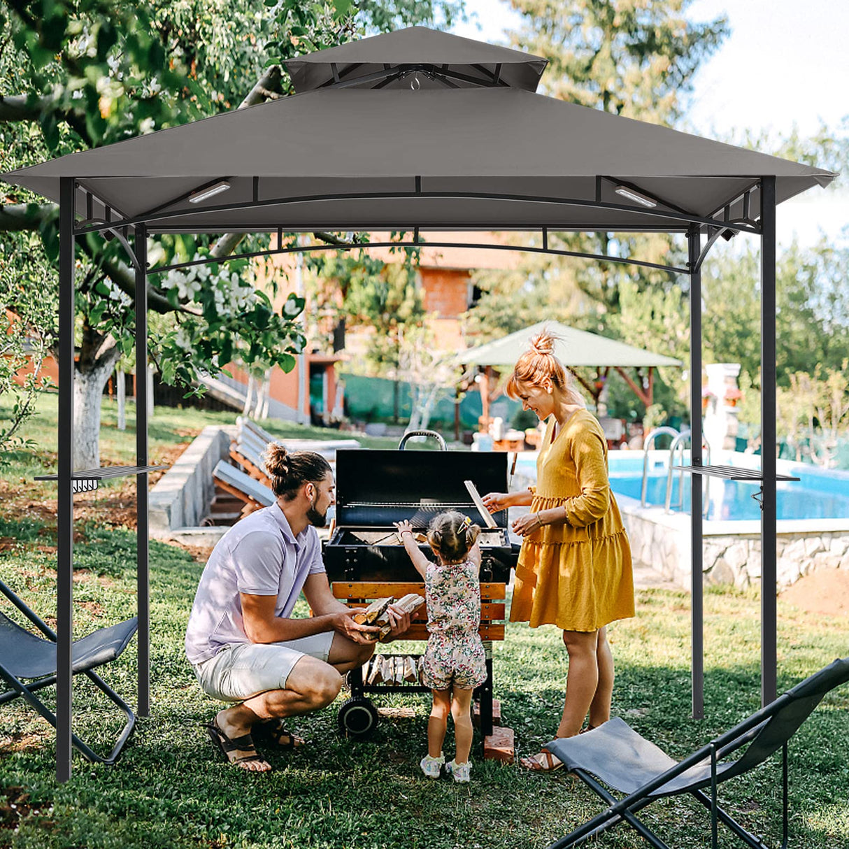 COOSHADE 8'x 5' Grill Gazebo Double Tiered Outdoor BBQ Gazebo Canopy with LED Light (Gray) COOSHADE