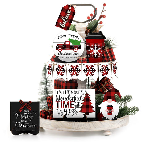 Jetec 12 Pcs Christmas Tiered Tray Decor - Red & Black Buffalo Plaid, Snowflake, Tree, Gnome, Truck - Wooden Signs - Farmhouse Decoration Centerpieces Christmas Decor for Home, Table, Shelf Jetec