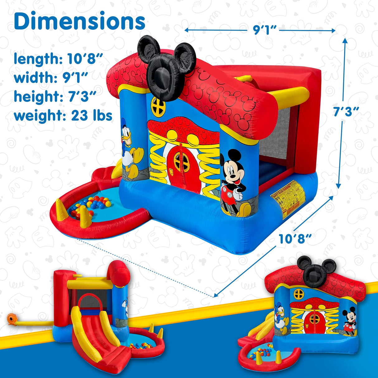 Funormous Disney Mickey Mouse Bounce House with Slide, Indoor Outdoor Inflatable Bouncy Castle Funhouse Ball Pit Plus Heavy Duty Air Blower Funormous
