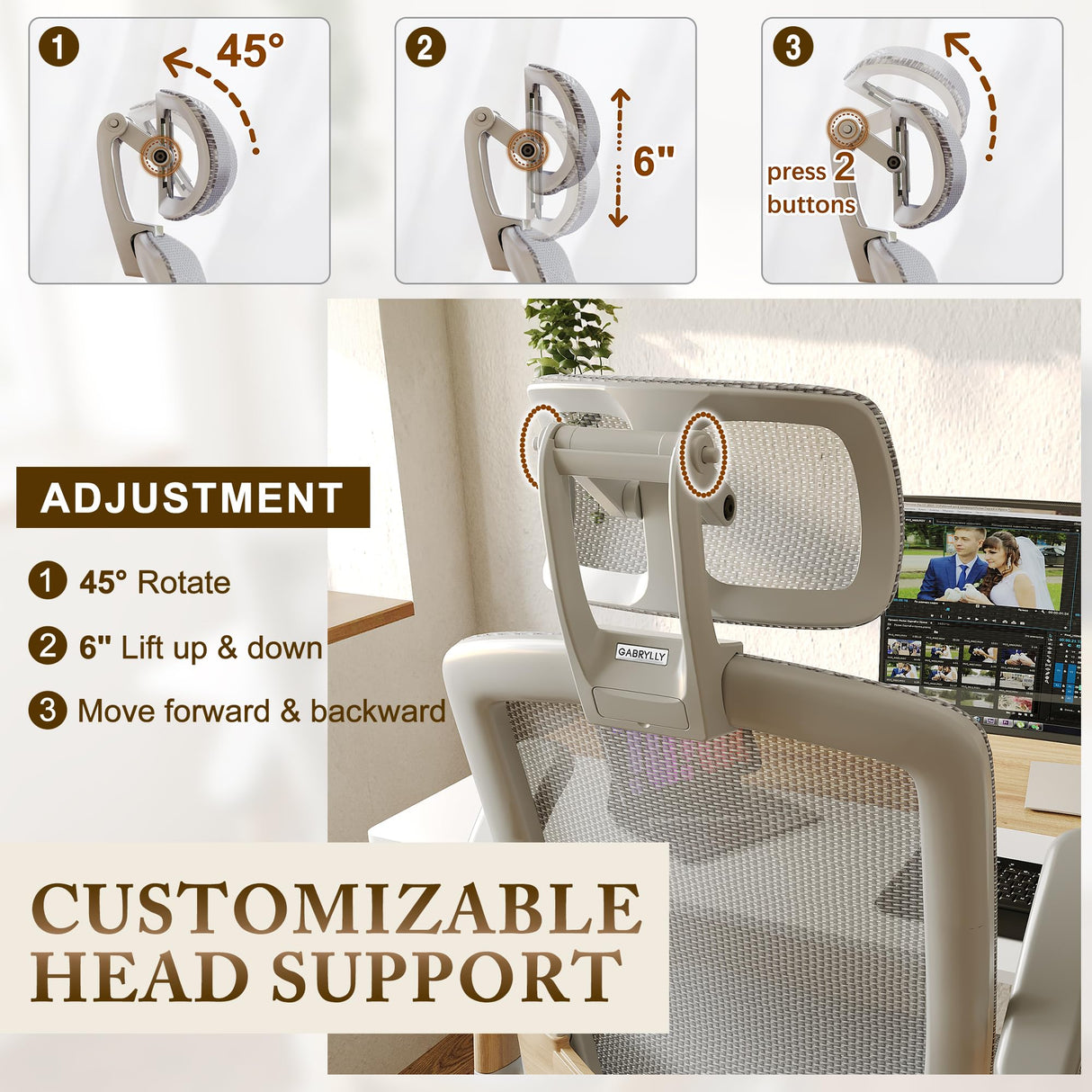 GABRYLLY Ergonomic Office Chair, High Back Home Desk Chair with Flip-Up Arms, Headrest, 90-120° Tilt and Wide Cushion, 400LBS White Mesh Chair for Work Gaming Study (GY01-NT, Woodgrain Pattern) GABRYLLY