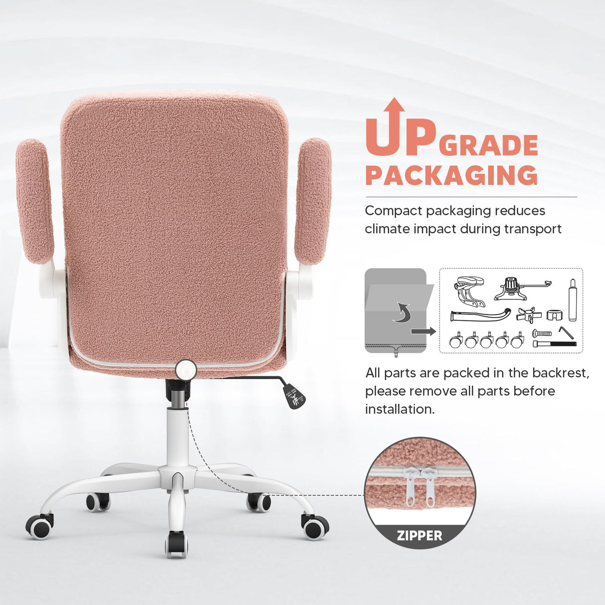 SEATZONE Home Office Chair Ergonomic Executive Desk Chair Comfortable Computer Chair with Flip-up Arms,Faux Fur Chair with Lumbar Support,Pink SEATZONE