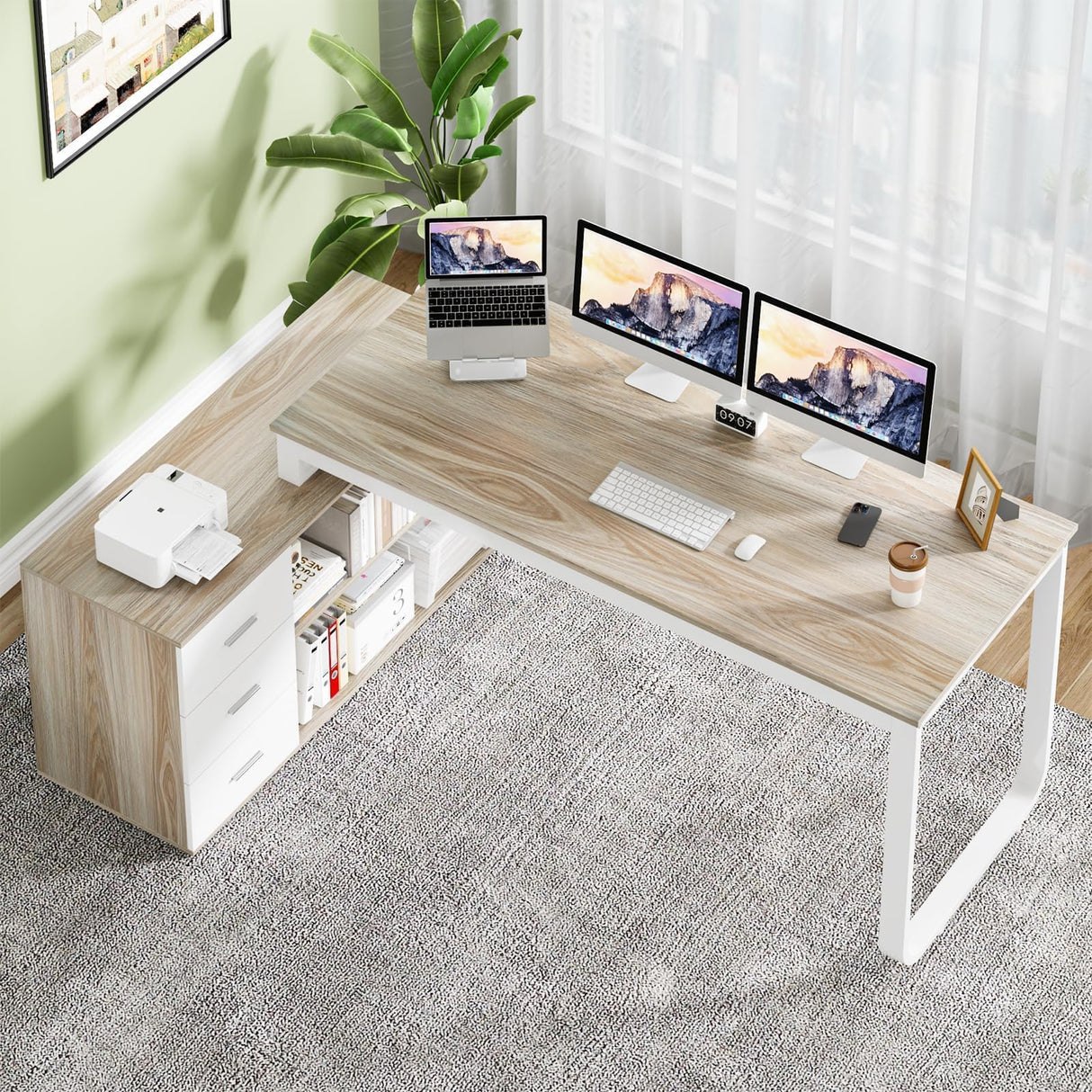 HOMBCK L Shaped Desk with Drawers and Shelves, 55" Craft Desk with Storage, Removable Monitor Stand, Reversible L Shaped Desk, Corner Desk for Bedroom,Home Office, Walnut and White HOMBCK