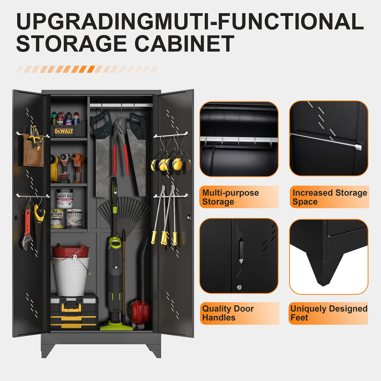 METALREAD 75" Metal Storage Cabinet, Tall Broom Cabinet, Garage Cabinets with Locking Doors, Black Outdoor Utility Broom Closet Storage Cabinets for Office, Bathroom, Warehouses METALREAD