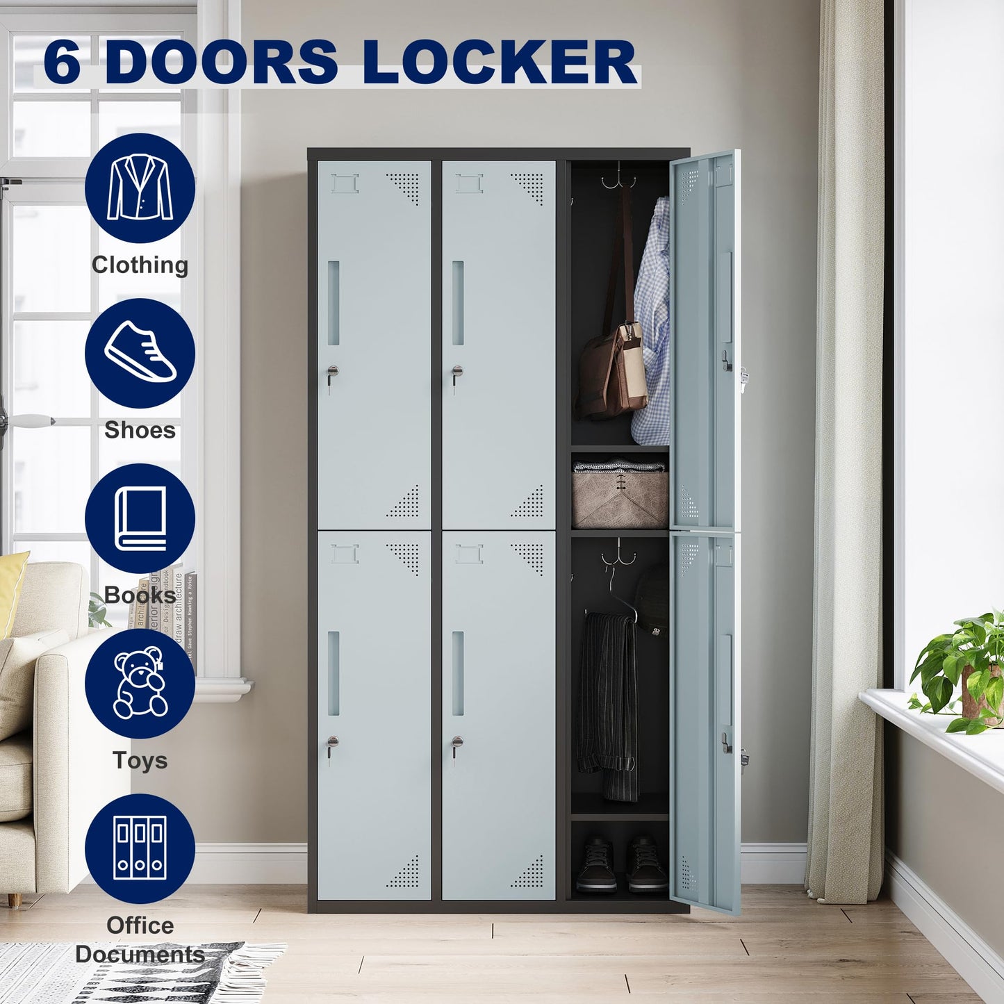 Yizosh Metal Lockers for Employees with Keys, 36" W Employees Locker Storage Cabinet with 6 Doors, 71" Tall Steel Storage Locker for Gym, School, Office (6 Door, Black Gray) - WoodArtSupply