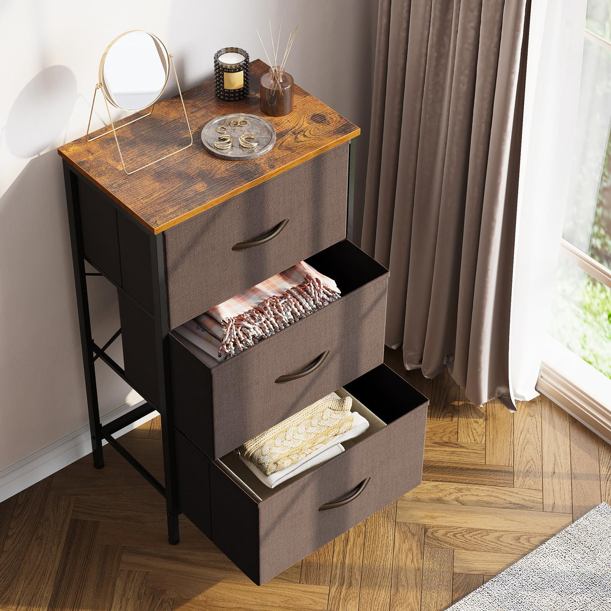 AODK Dresser for Bedroom Nightstand Small Dresser Chest of Drawers End Table for Living Room, Closet Dresser with 3 Storage Drawers Organizer Clothes, Brown AODK