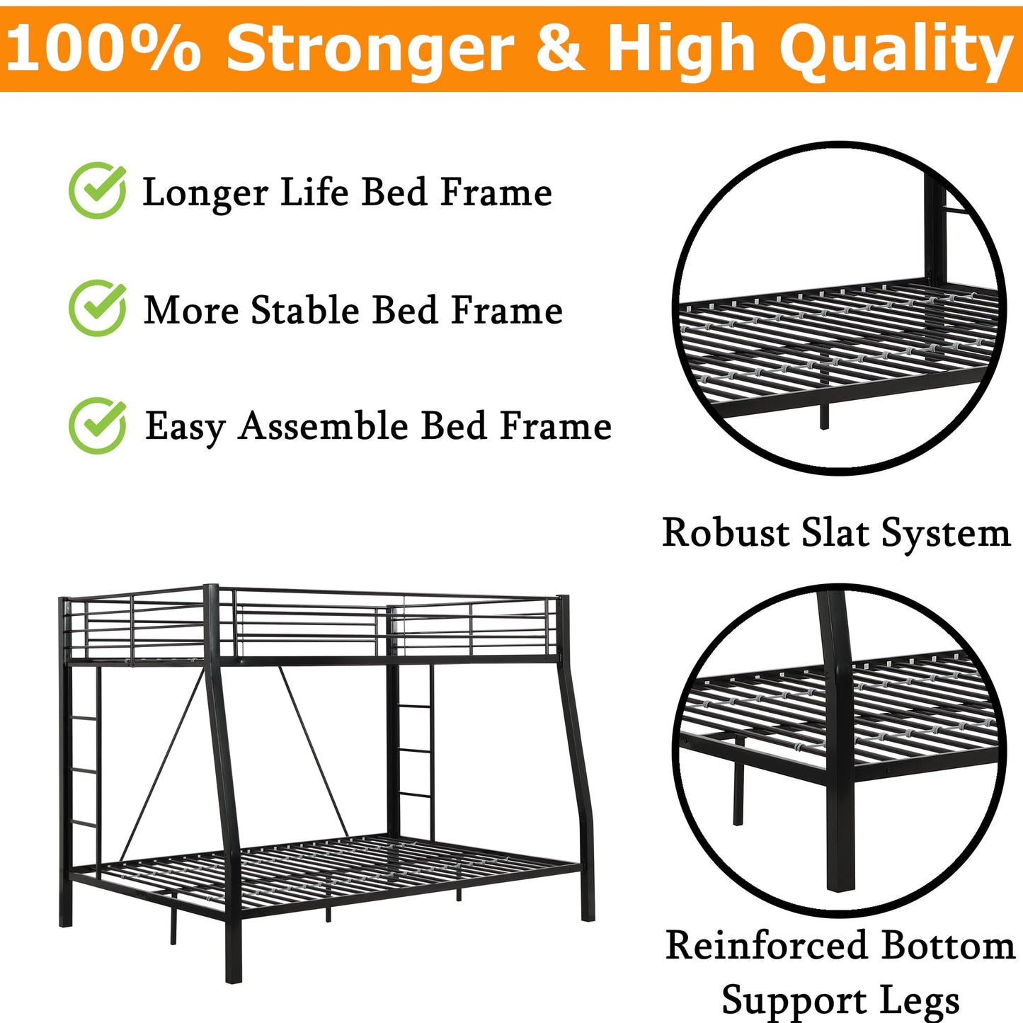 ZMIZAKOY Metal Full XL Over Queen Bunk Bed for Adults, Heavy Duty Bunk Bed Full Over Queen with 2 Ladders & Safety Guardrail for Kids and Adults, Easy Assemble Queen Size Bunk Beds (Black)