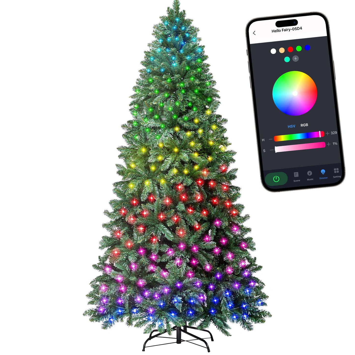 HOLLO STAR 7.5ft Prelit Christmas Tree with 400 LED Lights, Artificial Christmas Tree with App-Controlled Multi-Color RGB Lights, 1477 Branch Tips, Easy to Assemble, for Home, Party