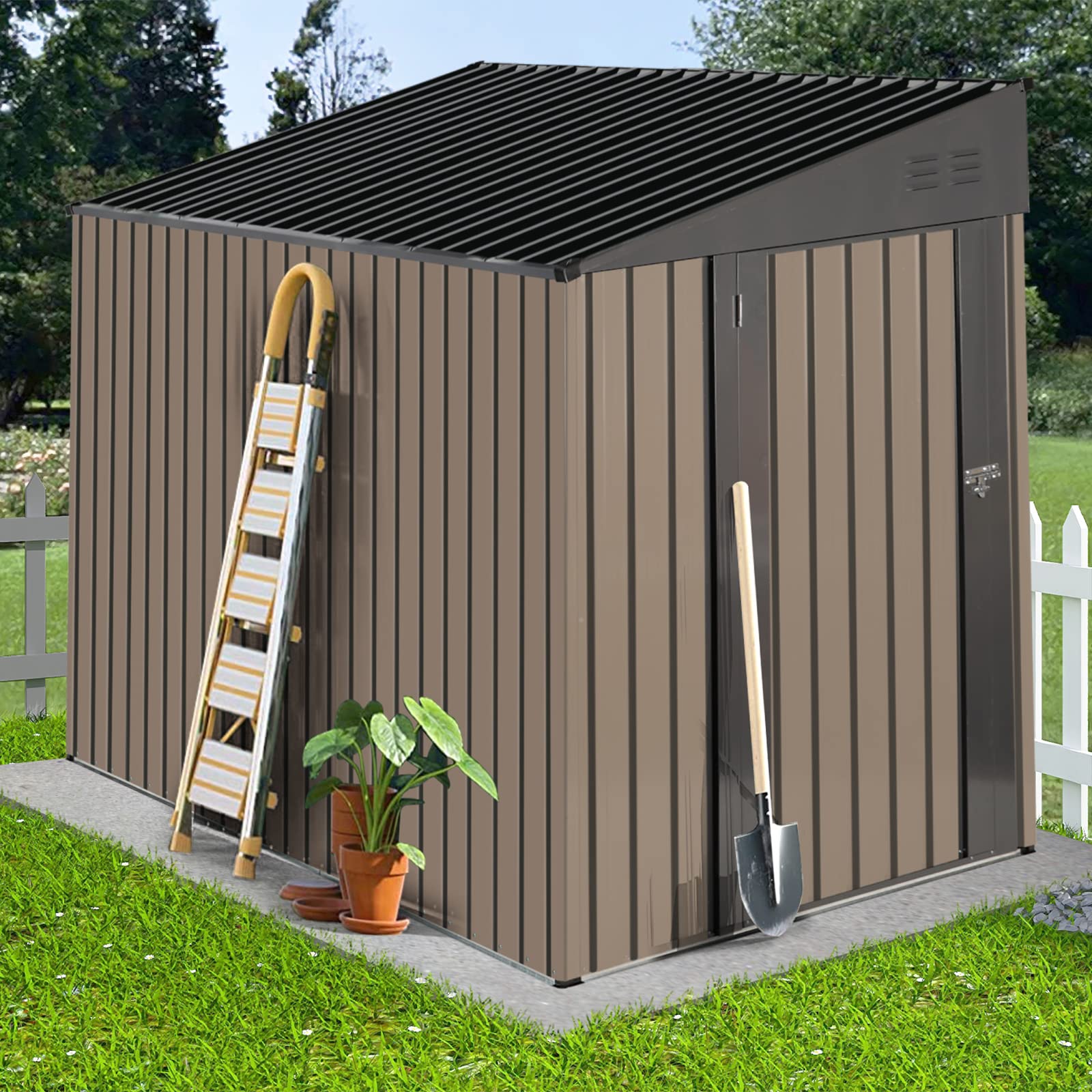 GRAVFORCE Outdoor Storage Shed 4 x 8 FT, Metal Garden Sheds Tool Shed Outdoor Storage Lean to Shed with Single Lockable Door for Patio, Backyard, Outdoor (Brown) - WoodArtSupply