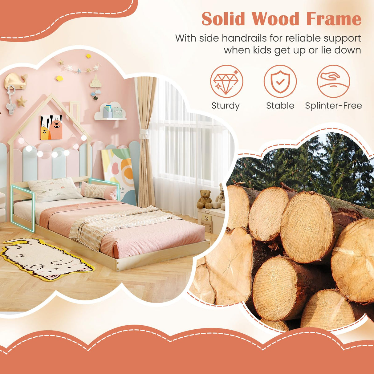 Giantex Twin Floor Bed for Kids, Wood Montessori Floor Bed with Chimney Headboard & Handrail, House Floor Bed Without Slats, Low to Ground Height, Floor Bed Twin for Boys, Girls (Natural) Giantex