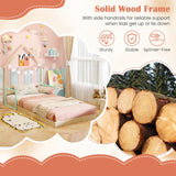 Giantex Twin Floor Bed for Kids, Wood Montessori Floor Bed with Chimney Headboard & Handrail, House Floor Bed Without Slats, Low to Ground Height, Floor Bed Twin for Boys, Girls (Natural) Giantex