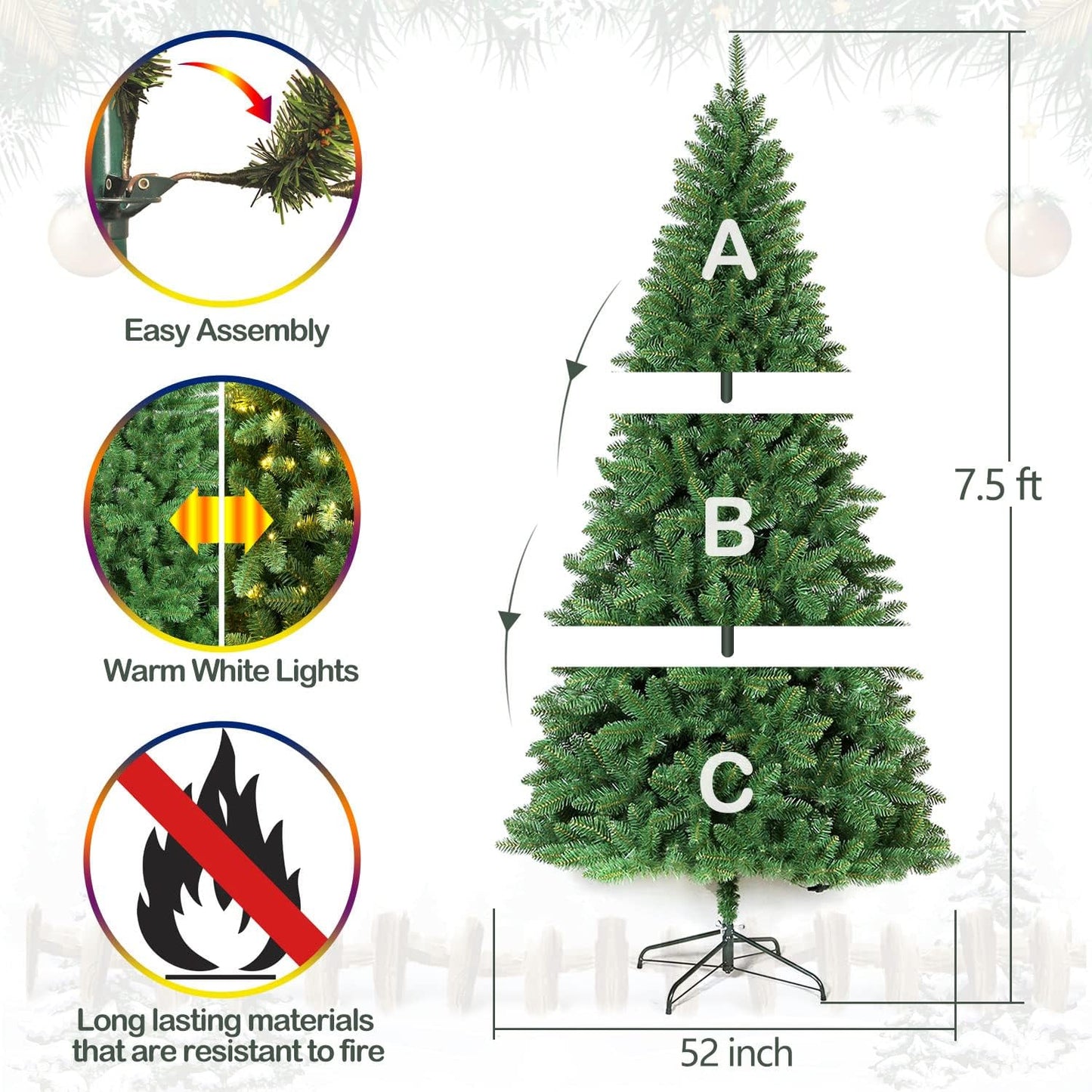 Hykolity 7.5 ft Prelit Christmas Tree, Artificial Christmas Tree with 450 Warm White Lights, 1450 Branch Tips, Metal Stand and Hinged Branches