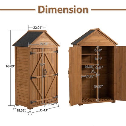 DetalleGo Outdoor Wooden Storage Cabinet, Storage Shed with 3 Detachable Shelves, Lockable Wooden Garden Shed with Waterproof Roof, Outside Vertical Tall Tool Shed for Yard Patio Lawn Deck (Natural)