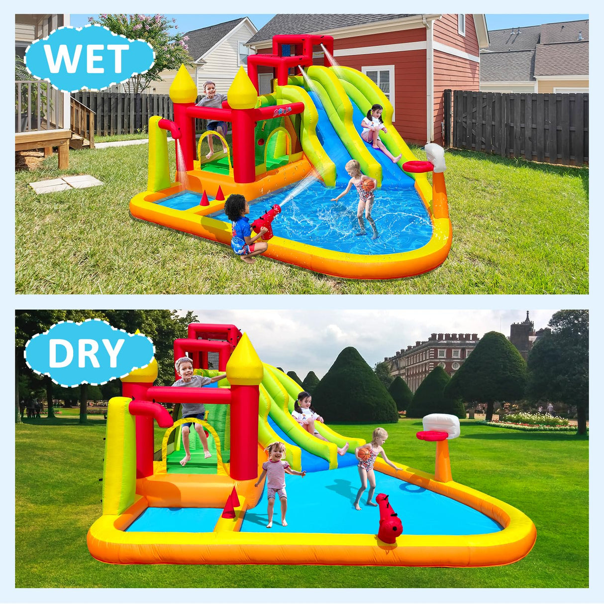 MIRUNAIR Inflatable Bounce House with Slides, Inflatable Water Slide for Kids Backyard, Bounce Water Prak with Air Blower, Splash Pool, Water Cannon, Climbing Wall, Outdoor Backyard Water Park MIRUNAIR