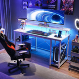 ODK 48 inch Gaming Desk with LED Lights & Power Outlets, Computer Desk with Monitor Stand & Storage Sheves, CPU Stand, Home Office Desk, White ODK