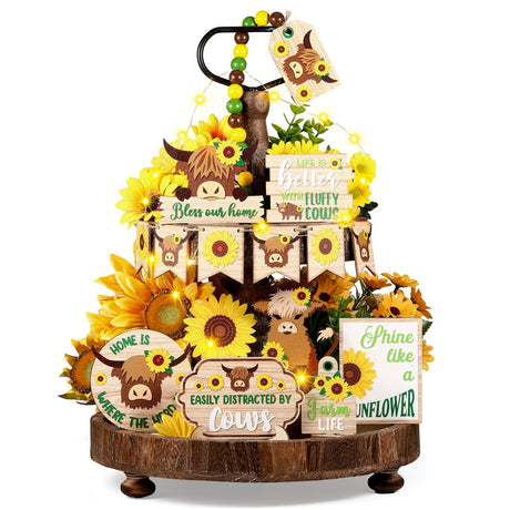 GlikCeil 20 Pcs Highland Cow Tiered Tray Decor Farmhouse Sunflower Decor Farmhouse Cow Tiered Tray Decoration Set Sunflower Wooden Sign Table Centerpiece for Summer Home Kitchen Shelf Party Decoration GlikCeil