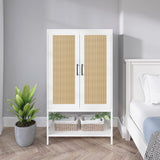 Gyger Wardrobe Closet with 2 Doors，Rattan Bedroom Armoires with Hanging Rod Freestanding Wooden Wardrobe Cabinet with Shelves,White Gyger