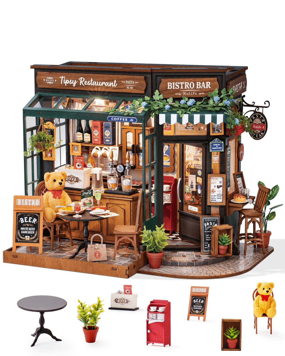Rolife DIY Miniature House Kit for Adults, Mini Wooden Dollhouse Kit, Bakery Tiny House Diorama Building Kits-Birthday Christmas Craft Hobbies Gift for Teens Kids (Tipsy Restaurant) Rolife