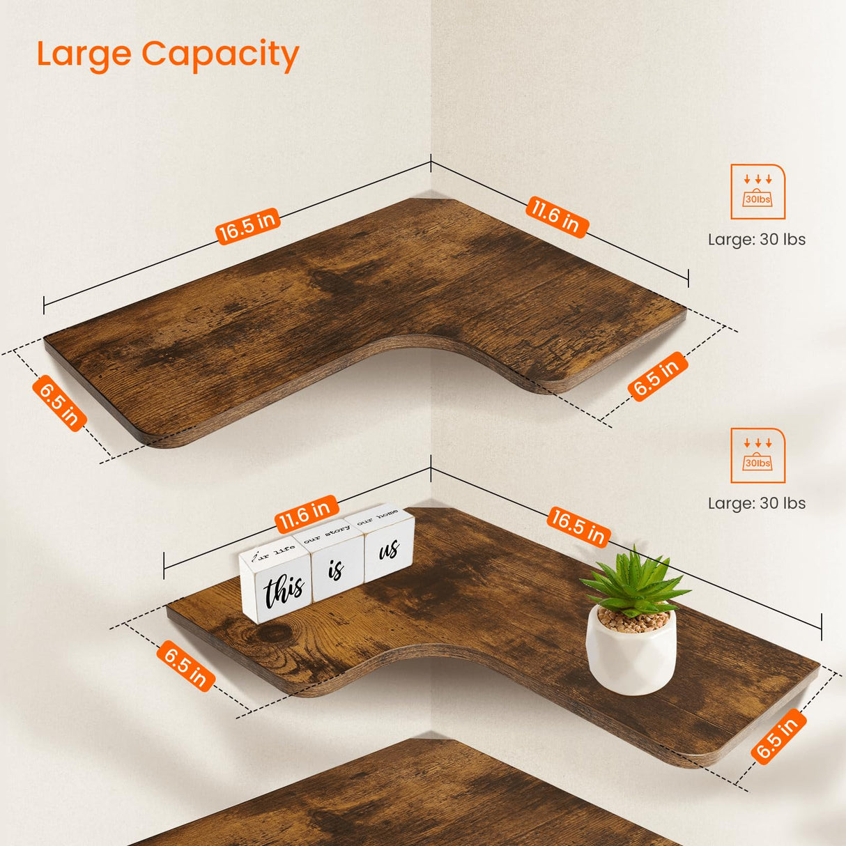 Homode Corner Floating Shelves, Corner Shelves Wall Mounted with Cord Hole, Set of 3 L Shape Wood Wall Storage Shelves for Living Room Bedroom Bathroom Kitchen, Rustic Brown Homode