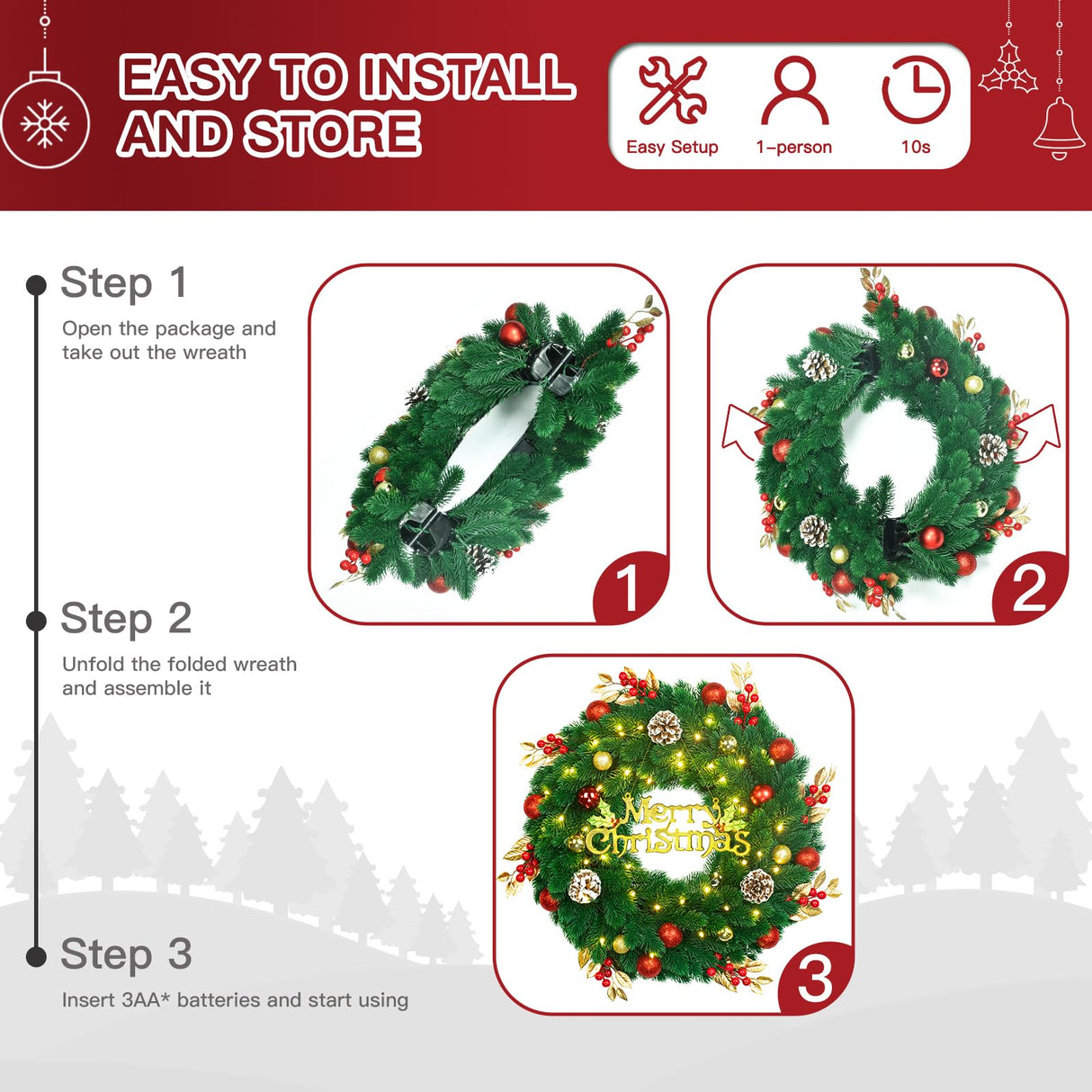 Pre Lit Christmas Wreath with Lights,Lighted Christmas Wreaths for Front Door with 45 Led Battery Operated 8 Modes Remote Control Timer,Indoor Outdoor 18 Inch Artificial Xmas Wreath Decorations noodunch