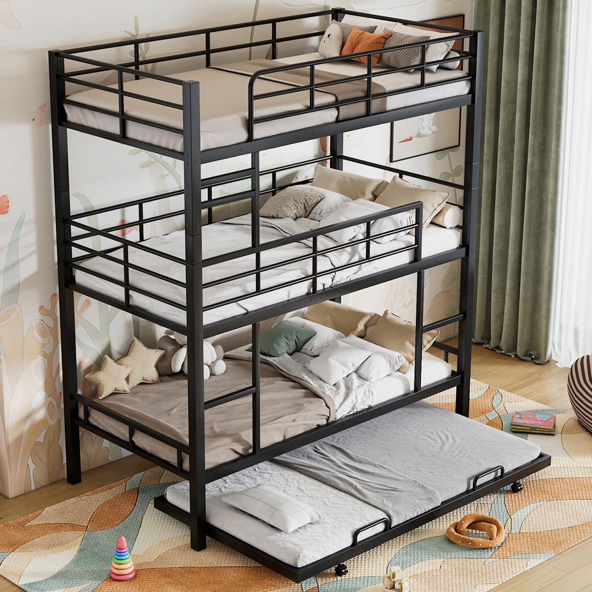 Zyerch Metal Twin Size Triple Bunk Bed with Trundle for 4, Twin Over Twin Over Twin 3 Bunk Beds with 2 Ladders & Guardrails, Convertible to 3 Separate Beds for Kids Teens, Bedroom Homestay, Black Zyerch