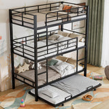 Zyerch Metal Twin Size Triple Bunk Bed with Trundle for 4, Twin Over Twin Over Twin 3 Bunk Beds with 2 Ladders & Guardrails, Convertible to 3 Separate Beds for Kids Teens, Bedroom Homestay, Black Zyerch