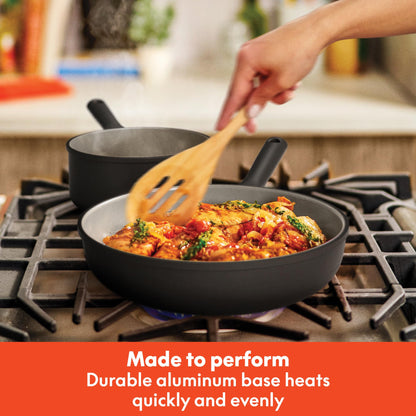 bella 7 Piece Cookware Set with EverGood™ Ceramic Nonstick Coating, Dishwasher Safe Oven Safe, All Stovetops Compatible, Glass Lids with Silicone Rims, Cool Touch Handles, Black