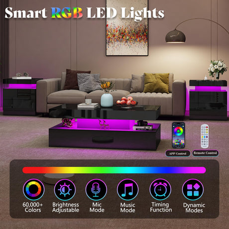 AMERLIFE High Gloss LED Nightstand Set of 2 with Charging Station, Modern Bedside Table Night Stand with LED Lights, Sofa End Side Tables with Drawers for Bedroom Living Room, Black AMERLIFE