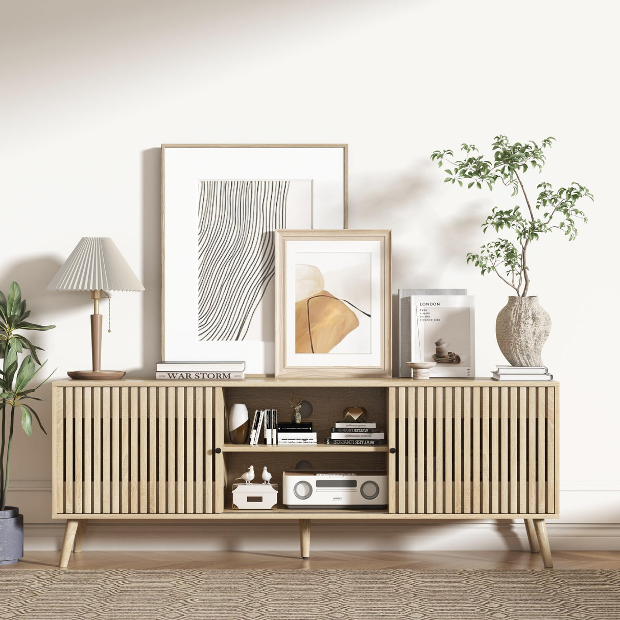 Fiogmub TV Stand for 55/65/70 Inch TV,Bamboo Entertainment Center with Natural Rattan Door, Large Long Boho Media TV Console with Open Shelves Living Room Bedroom Fiogmub