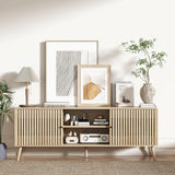 Fiogmub TV Stand for 55/65/70 Inch TV,Bamboo Entertainment Center with Natural Rattan Door, Large Long Boho Media TV Console with Open Shelves Living Room Bedroom Fiogmub