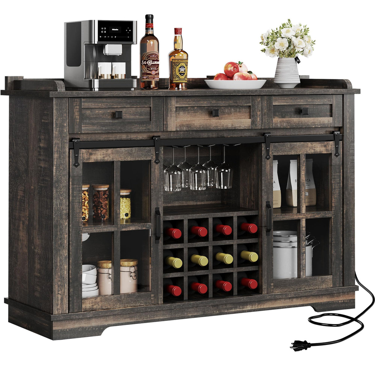 DWVO Farmhouse Coffee Bar Cabinet，53” Kitchen Sideboard Buffet Cabinet with Storage, 3 Drawers & Sliding Barn Door, Storage Cabinet with Glass Door for Kitchen & Living Room, Dark Rustic Oak DWVO