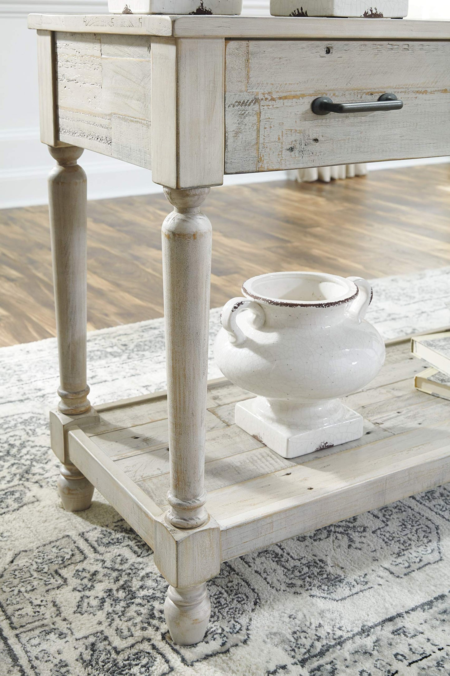 Signature Design by Ashley Shawnalore Farmhouse Solid Pine Wood Sofa Console Table, Whitewash - WoodArtSupply