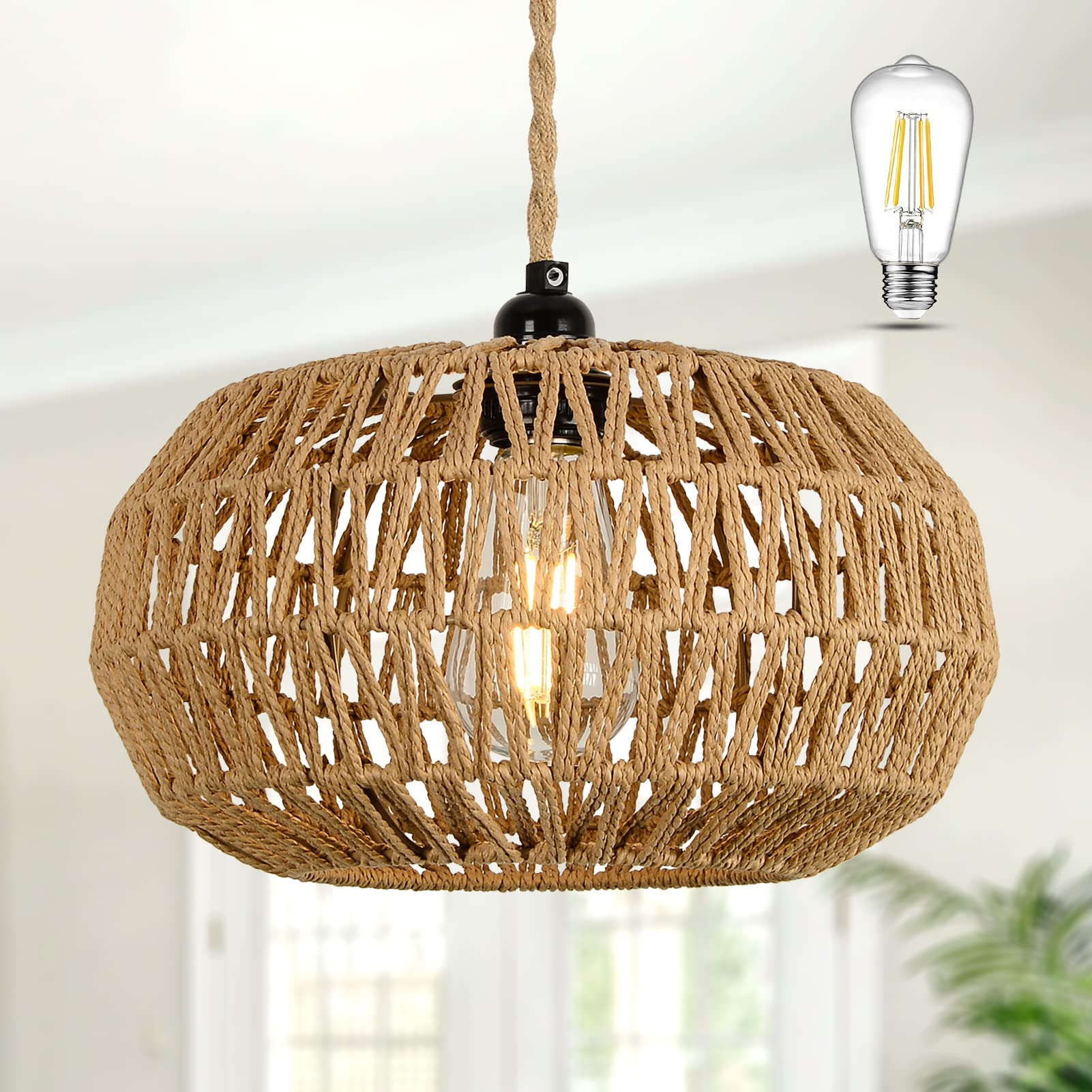 Farmhouse LED Rattan Pendant Lights, Boho Chandelier Light Fixture, Rustic Wicker Hand Woven Rope Cage Basket Pendant Hanging for Dining Room Living Room Kitchen Bedroom Nursery Foyer Hallway - WoodArtSupply